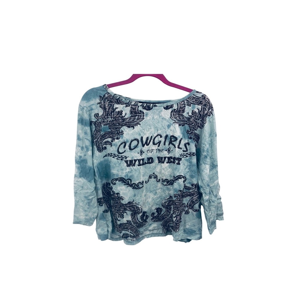 Take two women's 3/4 inch sleeve blue top graphic, cowboy size large